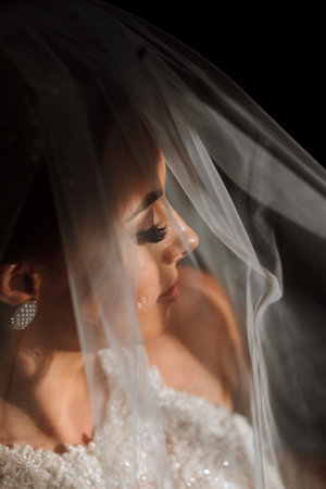 Happy and beautiful bride under a veil close-up. bride with professional makeup and hairstyle on a dark background.の写真素材