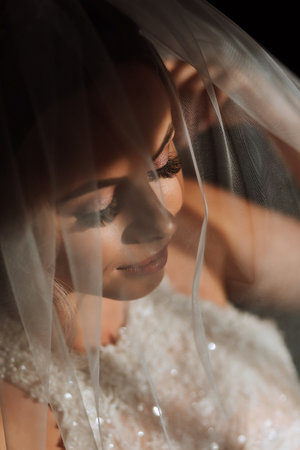 Happy and beautiful bride under a veil close-up. bride with professional makeup and hairstyle on a dark background.の写真素材
