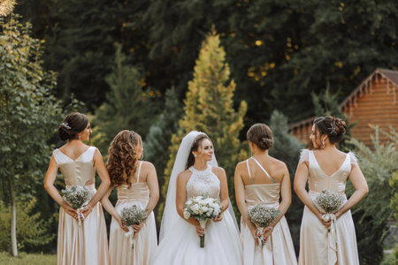 A group of beautiful women in matching dresses are smiling, celebrating, and having fun together. Friends of the bride in pink dresses celebrate the wedding together with the brideの写真素材