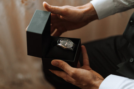 Close-up of a cropped shot of a man in an expensive classic suit looking at a watch. A man unwraps a...