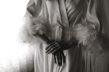 Morning of the bride, woman wearing a white silk robe, close-up photo of female hands. Black and...