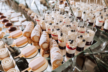 A delicious wedding. White cake decorated with flowers. Candy bar for a banquet. Celebration...