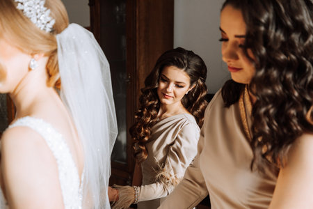The bride in a white dress, veil and girlfriends in cream dresses, posing in beautiful lighting....