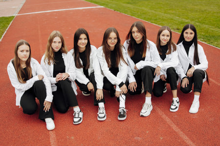 A group of many happy teenage girls dressed in the same outfit having fun and posing in a stadium...