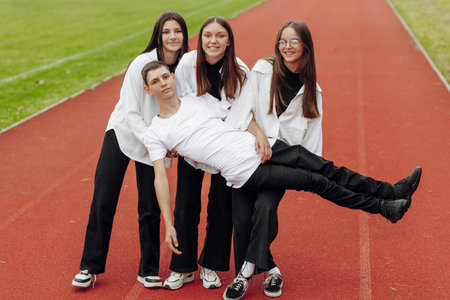 Portrait of four teenagers in casual clothes sitting in a stadium and posing looking at the camera....