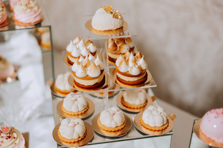 Almond cookies and various sweet cakes for a wedding banquet. A delicious reception, a luxurious...