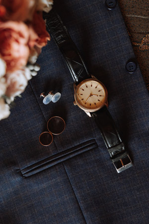 Men's accessories, groom details. Beauty is in the details. Preparation for the Wedding. Leather...