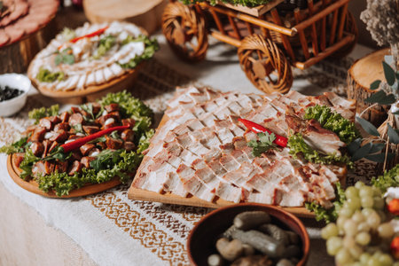 Cossack table. Banquet hall Meat treats for guests. Homemade cutouts. Pork tenderloin. Delicious...