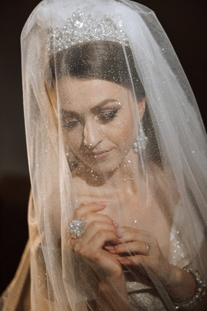 Beautiful young bride holding veil in white wedding dress, portrait of brunette bride in hotel room,...