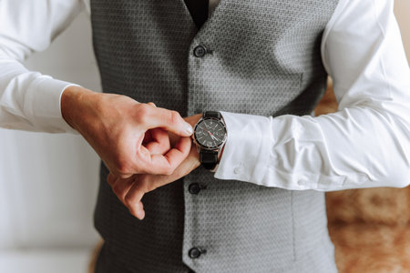 A man in a business suit is adjusting his wristwatch, a mug of coffee is on the table in his room. Close-up photo of a wristwatch.の写真素材