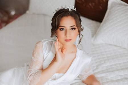 A beautiful brunette bride with a tiara in her hair is getting ready for the wedding in a beautiful robe in boudoir style. Close-up wedding portrait, photo.の写真素材
