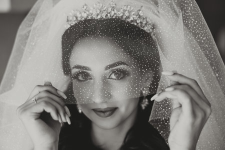 Beautiful young bride holding veil in white wedding dress, portrait of brunette bride in hotel room, morning before wedding.の写真素材