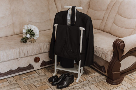 black men's suit. The man is ready to wear a business suit, white shirt and tie. A black jacket on a mannequinの写真素材