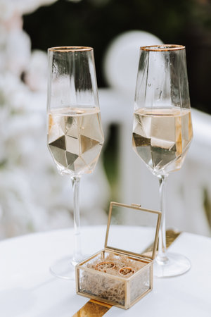 Shaped champagne glasses and a glass box with gold wedding rings in the middle. Preparation for the wedding ceremony.の写真素材