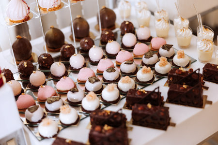 Candy bar at a wedding. Delicious desserts. Beautiful decorations. Fruits. Sweet cakes on your holiday. Birthday. Sweet life.の写真素材