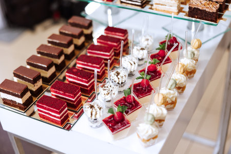 Candy bar at a wedding. Delicious desserts. Beautiful decorations. Fruits. Sweet cakes on your holiday. Birthday. Sweet life.の写真素材