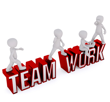 Working team, team of workers, Concept in style 3d. White men vodole letters inscription team work.の写真素材