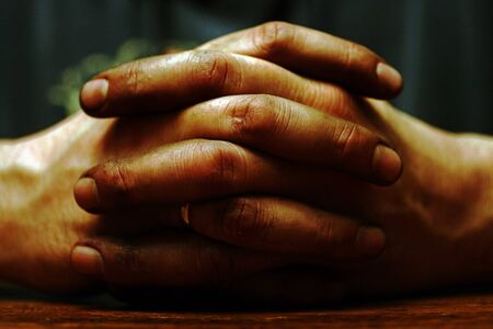 The man folded his arms. Human dirty hands, the hands of a worker.の写真素材