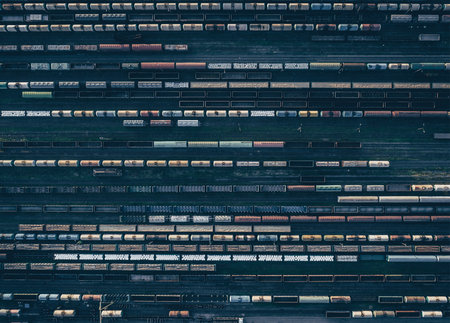 View from above at the railway freight station. Cargo wagons with cargo and tanks.の写真素材