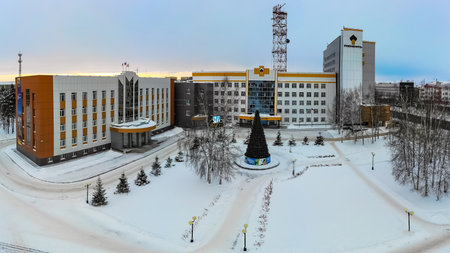 Nefteyugansk, Russia - December 25, 2019: Rosneft's administrative building in the city of Nefteyugansk.の写真素材