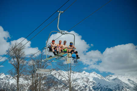Sochi, Russia - June 15, 2019: Ski resort in Sochi. Snow and warm sunny weather in the Caucasian mountains.のeditorial素材