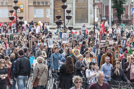 Krasnodar, Russia - May 9, 2019: Celebrating victory day in Russia in the city of Krasnodar. Immortal regiment and children in a procession.のeditorial素材