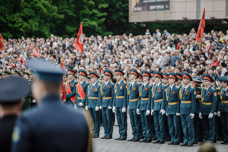 Krasnodar, Russia - May 9, 2019: Celebrating victory day in Russia in the city of Krasnodar. Immortal regiment and children in a procession.のeditorial素材