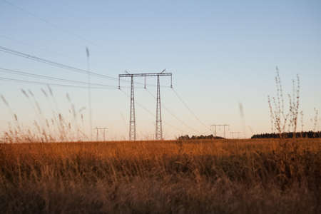 Power line supports. Electricity transmission and posts.の写真素材