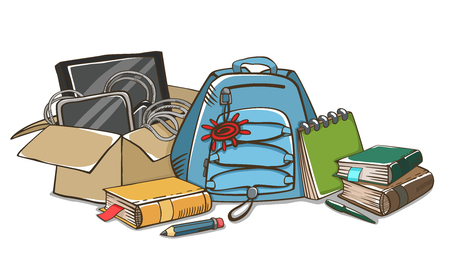 Education and back to school background with school supplies, box, backpack, accessories. School or office stuff.のイラスト素材