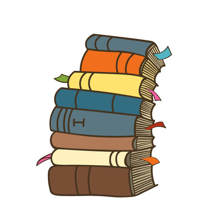 Pile of books. Cartoon stack of books.isolated books on white background. Books with bookmarks.のイラスト素材