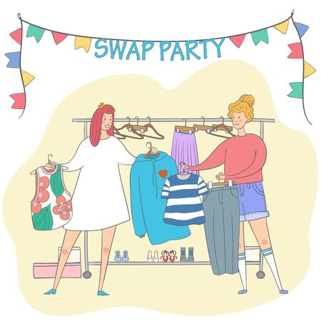 Swap party girls sell, buy and exchange clothes. Garage sale. Two young social and eco responsible girls at fashion swap party. Reduce and reuse concept. Eco living. Vector cartoon style illustration.のイラスト素材