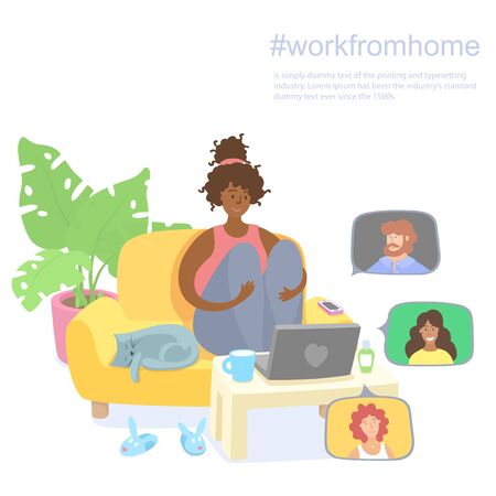 Dark skinned girl works from home with her pet.のイラスト素材