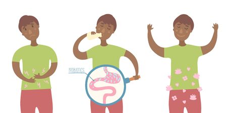 Boy drinking yogurt with probiotics bacteria in the gut. Probiotic through magnifying glass in flat style.のイラスト素材