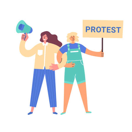 Two women different nationalities holding banner and loudspeaker. Protesting for rights, freedom, independence, equality. Girls taking part in parade or rally. Girl empowerment concept for poster, webのイラスト素材