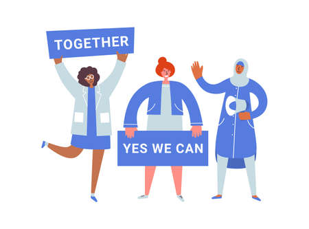 Three women different nationalities holding banners. International women day. Fighting for rights, freedom, independence, equality. People taking part in parade or rally calling on to union vectorのイラスト素材