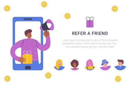 Refer a friend concept. Attract friend. Dark skinned boy shouts on megaphone about referral program Friend sharing referral code concept. Referral marketing strategy banner, landing page, mobile appのイラスト素材