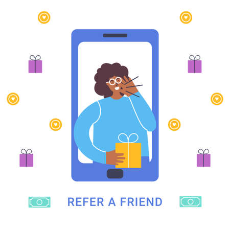 Refer a friend concept. Attract friend. Dark skinned girl attract people from the phone with present. Friend sharing referral code concept. Referral marketing strategy banner, landing pageのイラスト素材