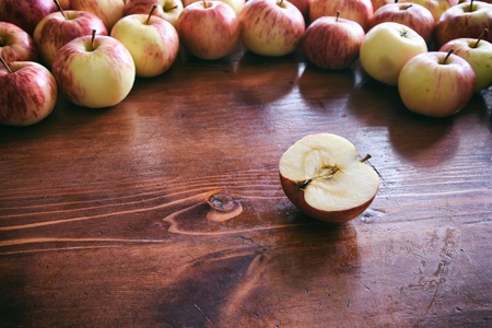 apples on the wooden table. good harvest conceptの写真素材