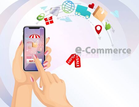 Vector 3D design concept of e-commerce, buying online and e-commerce poster, online shop and shopping elements, online store, support, secure payment online, worldwide delivery, smartphone, handsのイラスト素材