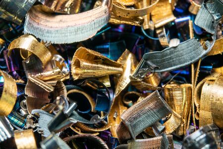 Industrial waste in the form of sharp metal chips. Industrial metal debris.の写真素材