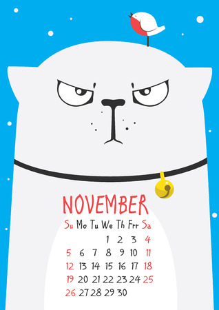 thick cute gray cat wearing a collar with a little bird on the head on a blue background. November calendarのイラスト素材