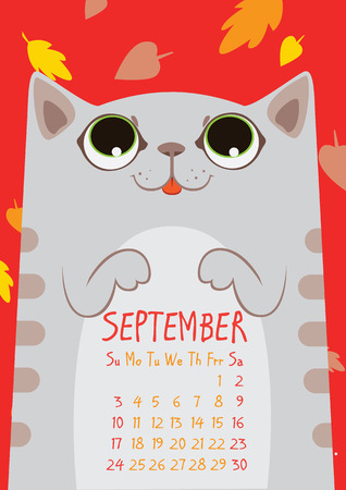 gray striped cute cat under falling leaves on red background. September calendarのイラスト素材