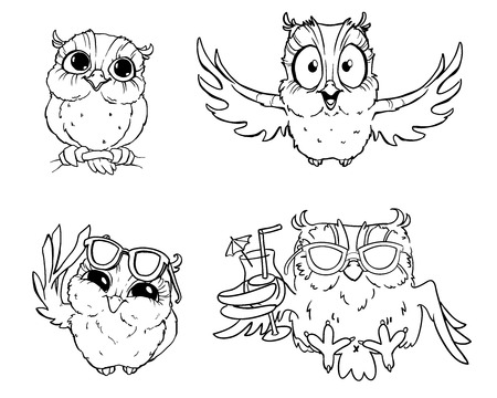 Cartoon owls. black-and-white owls hand-drawn contour on a white background for children coloring. For adult anti stress coloring book.のイラスト素材