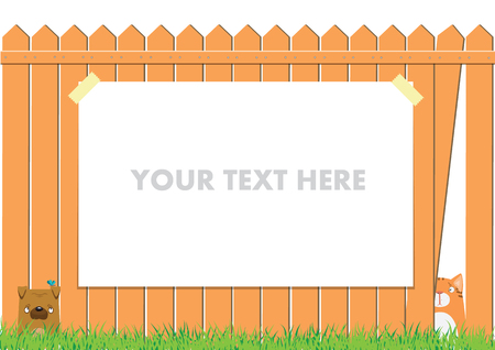 Cartoon dog and cat on the fence. Cute pets background.のイラスト素材