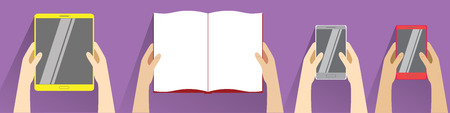 Hands holding open book, smartphones and tablet computer. Top view. Flat design modern illustration isolated on violet background. Reading conceptのイラスト素材