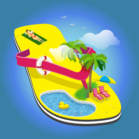 Summer vacation. Palm trees, sun loungers and pool on the flop. Resting on a towel girl.のイラスト素材