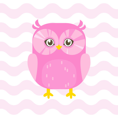 Baby shower illustration with cute pink baby owl on pink background suitable for baby shower invitation card, postcard, and nursery wallのイラスト素材
