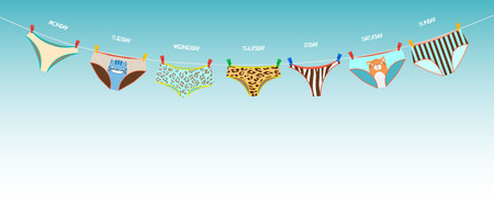 Funny female panties of different kinds on the rope. Days of the weekのイラスト素材