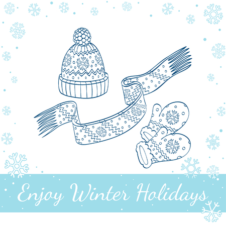 Set of winter clothing. Hat, mittens and scarf. Vector hand-drawn line art illustrationのイラスト素材