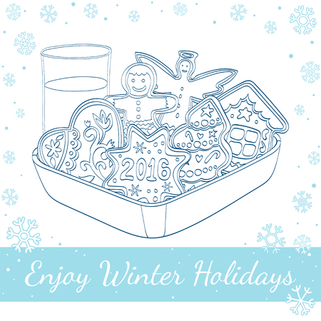 Christmas gingerbread, cookies decorated white icing and glass of milk. Vector hand drawn line art illustrationのイラスト素材